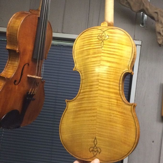 16-1/2" Five-String Viola with Two coats of yellow varnish, back view.