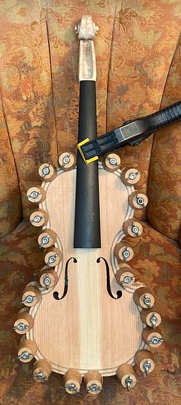 Installing the back plate on a 5-string fiddle handcrafted in Oregon by Chet Bishop, artisanal luthier.