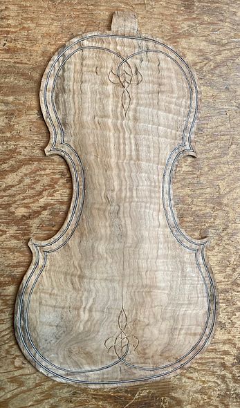 Partway done with back plate purfling on 5-string fiddle handcrafted in Oregon by Chet Bishop, artisanal Luthier.