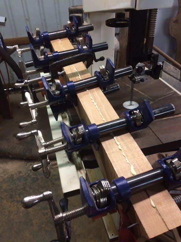 Neck billet bookmatched, glued and clamped for the five-string double bass.