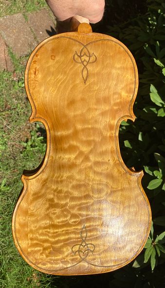 back of five string fiddle in varnish process.