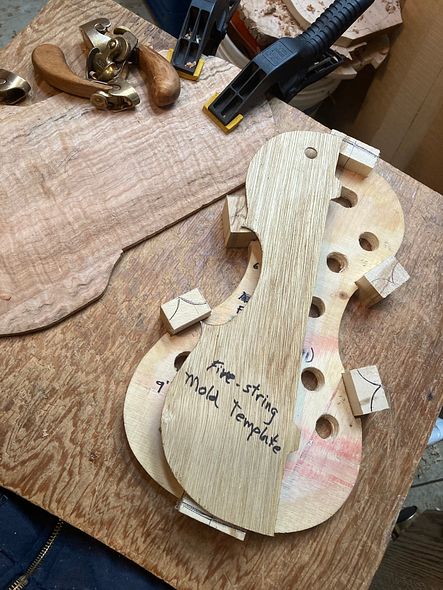 wood for new five-string bluegrass fiddle, handmade in Oregon by Chet Bishop, Luthier.