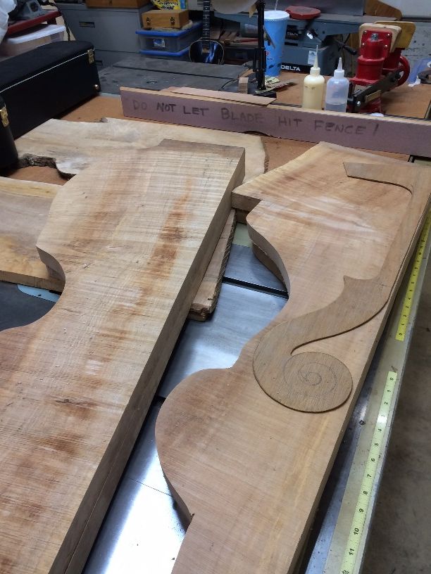 Big Leaf Maple for back plate and neck of the 5-string double bass.