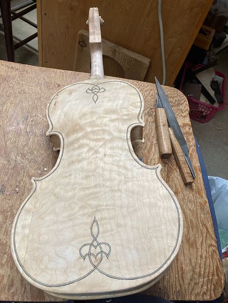 Back nearly complete on five string fiddle by Chet Bishop