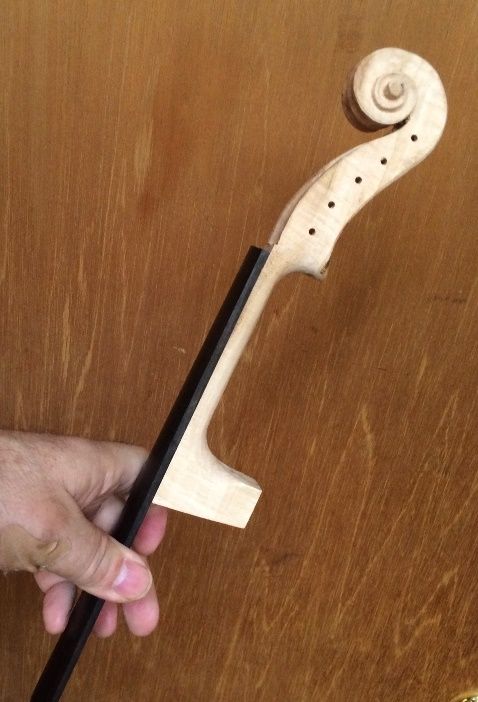 completed scroll and neck assembly with fingerboard ready for installation on Oregon five-string fiddle