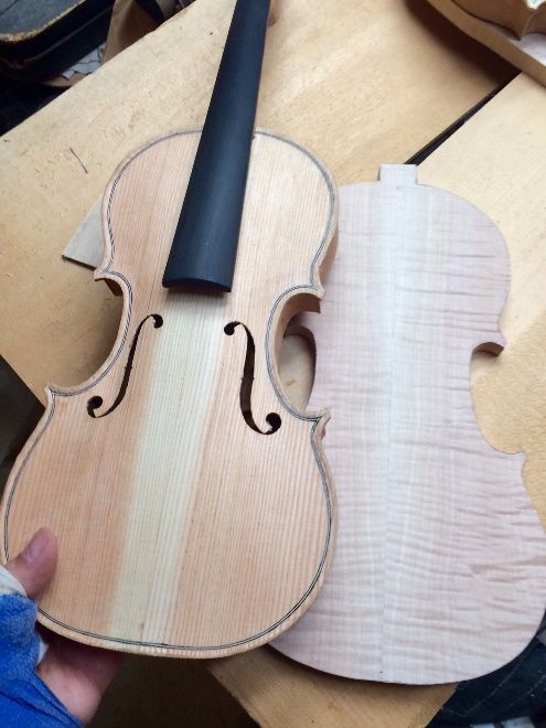 neck set completed in 5-string bluegrass fiddle, handmade in Oregon by Chet Bishop, Luthier.