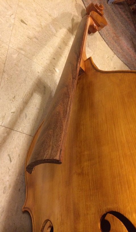 End view of new fingerboard on 5-string double bass.