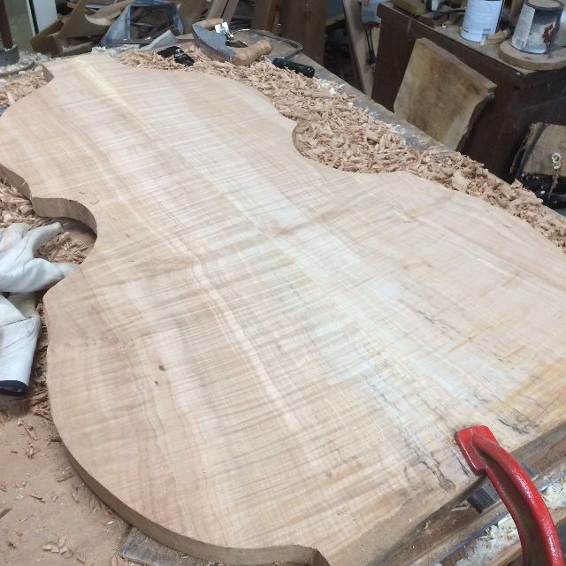Flattened back plate for five-string double bass.