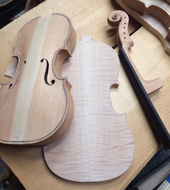 back plate and neck assembly with dive string fiddles by Chet Bishop, Luthier.