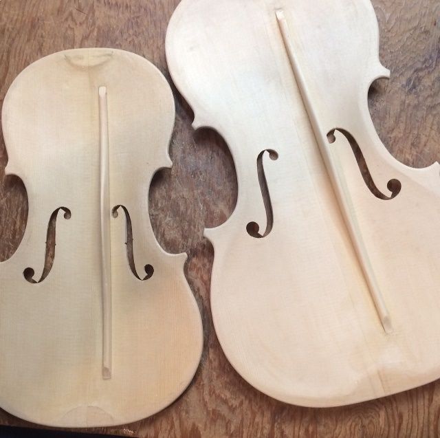 Another size comparison between the 16-1/2" five-string Viola and a violin.