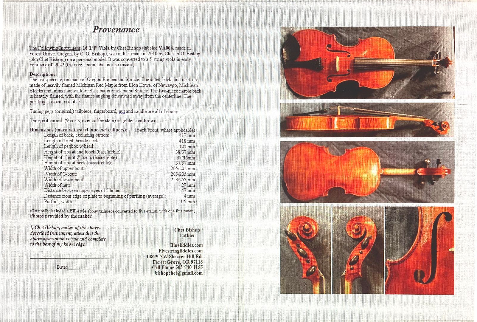 provenance document for five string viola handmade in Oregon by Chet Bishop, Luthier.