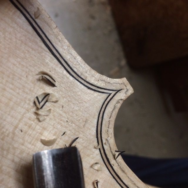 Notice the pencil-line marking the crest of the edge on the 16-1/2" five-string Viola.