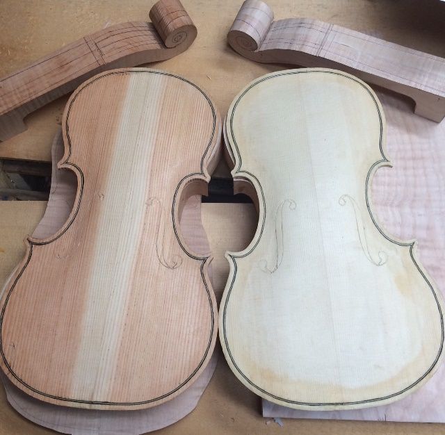 Completed purfling for two 5-string bluegrass fiddles handmade in Oregon by Chet Bishop