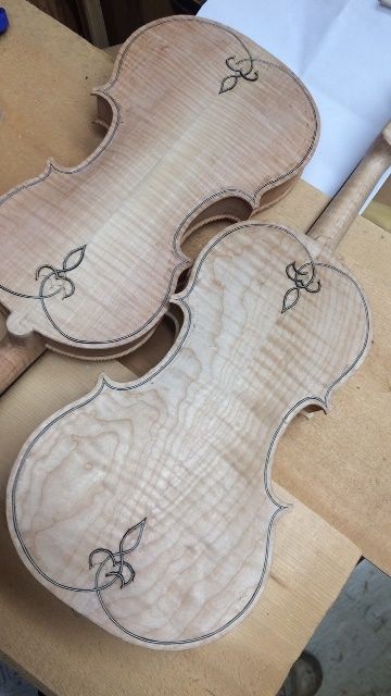 purfling in progress on two 5-string bluegrass fiddles handmade in Oregon by Chet Bishop, Luthier.