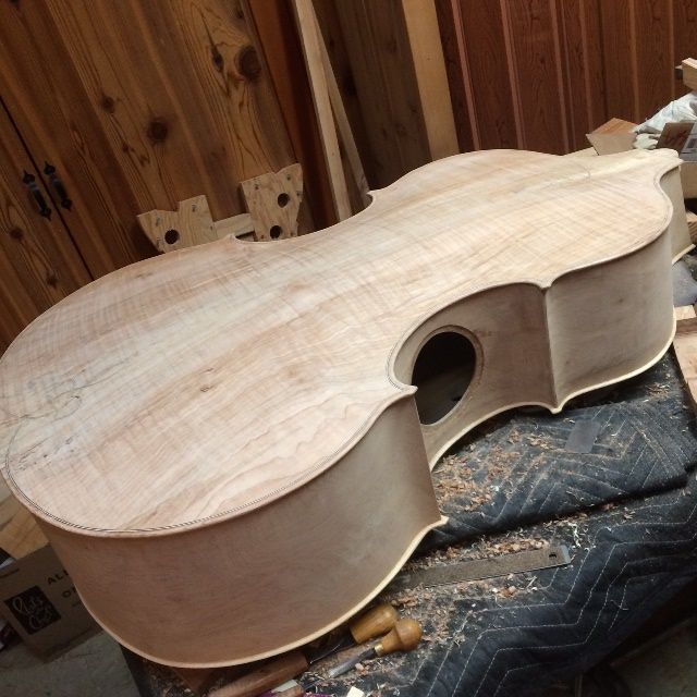Five string double bass corpus ready for varnish prep.