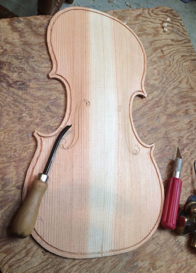 plate ready for purfling for a 5-string bluegrass fiddle handmade in Oregon by Chet Bishop