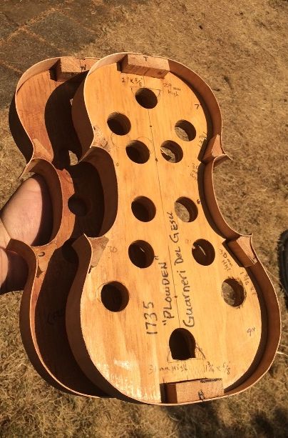 ribs installed on two five-string fiddles, handmade in Oregon by Chet Bishop, Luthier.