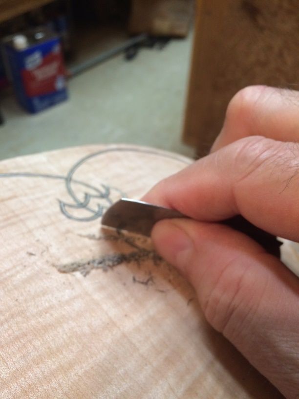 scraping the purfling weaves on a 5-string bluegrass fiddle handmade in Oregon by Chet Bishop, Luthier.