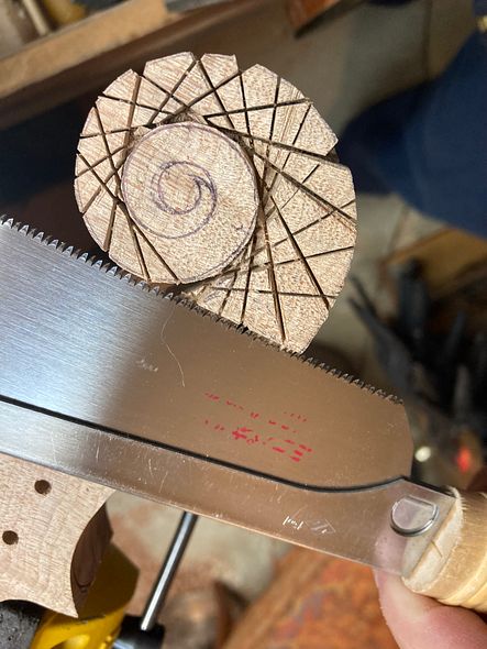 Cutting scroll outlines for five string bluegrass fiddle handmade in Oregong by Chet Bishop, Luthier.