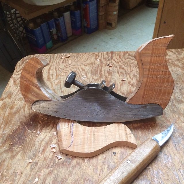 Partially assembled plane for carving double bass plates.