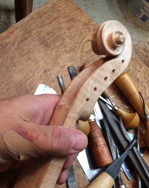 scroll nearing completion for a 5-string bluegrass fiddle handmade in Oregon by Chet Bishop. Luthier.