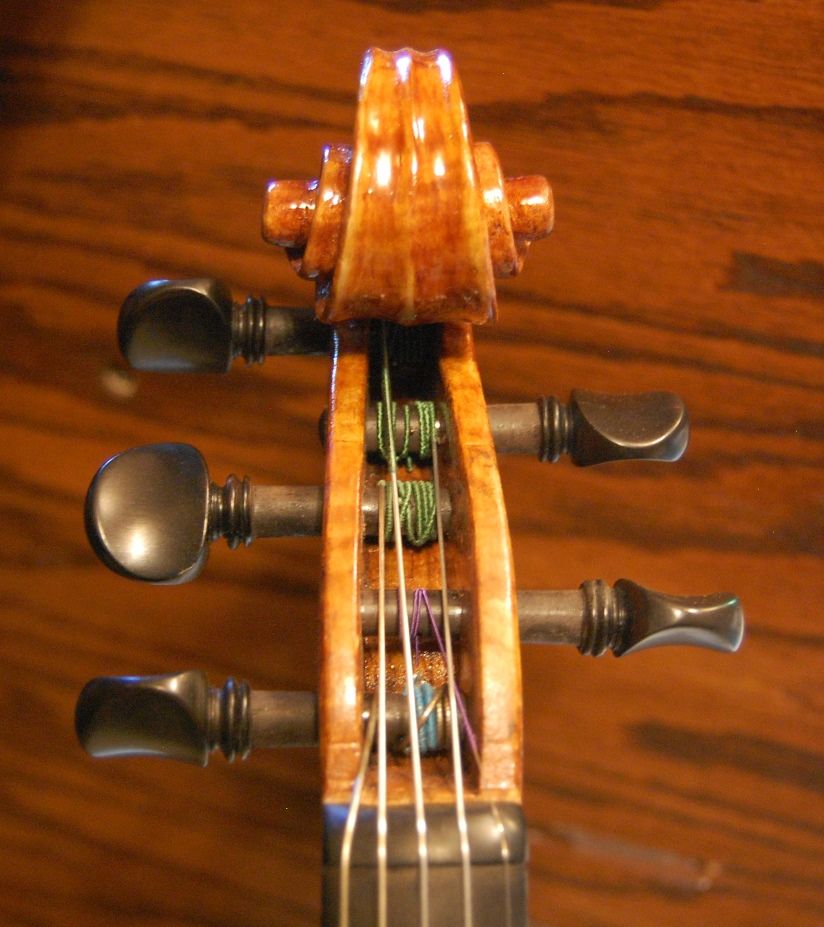 Front view of Oliver acoustic Five-string viola scroll, Handmade in Oregon by Chet Bishop