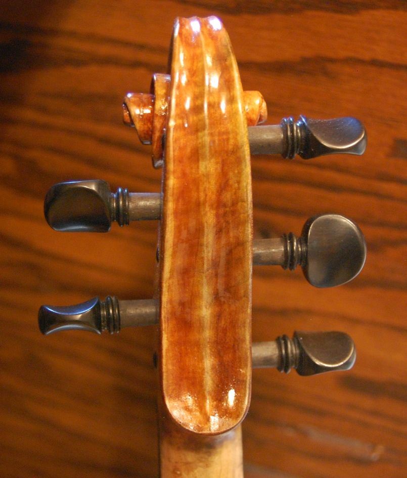 Back view of Oliver acoustic Five-string Viola Scroll, handmade in Oregon by Chet Bishop.
