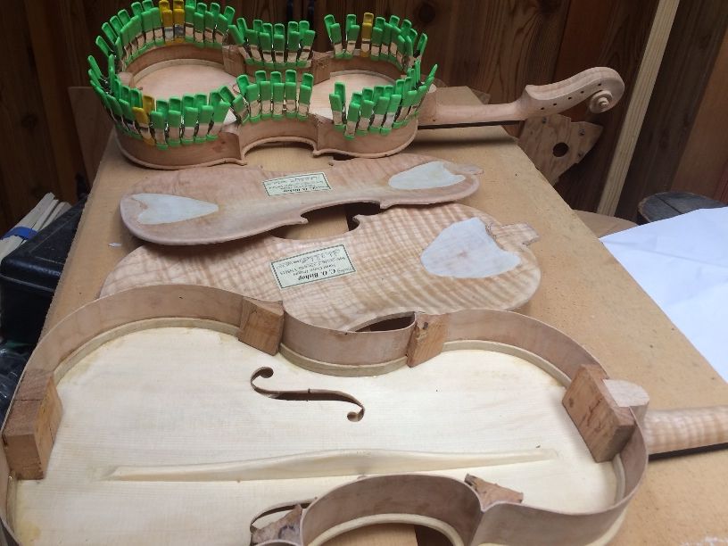 Handmade Five string fiddles in progress, by Chet Bishop in Oregon