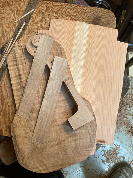Wood for new five string bluegrass fiddle handmade in Oregon by Chet Bishop, Luthier.