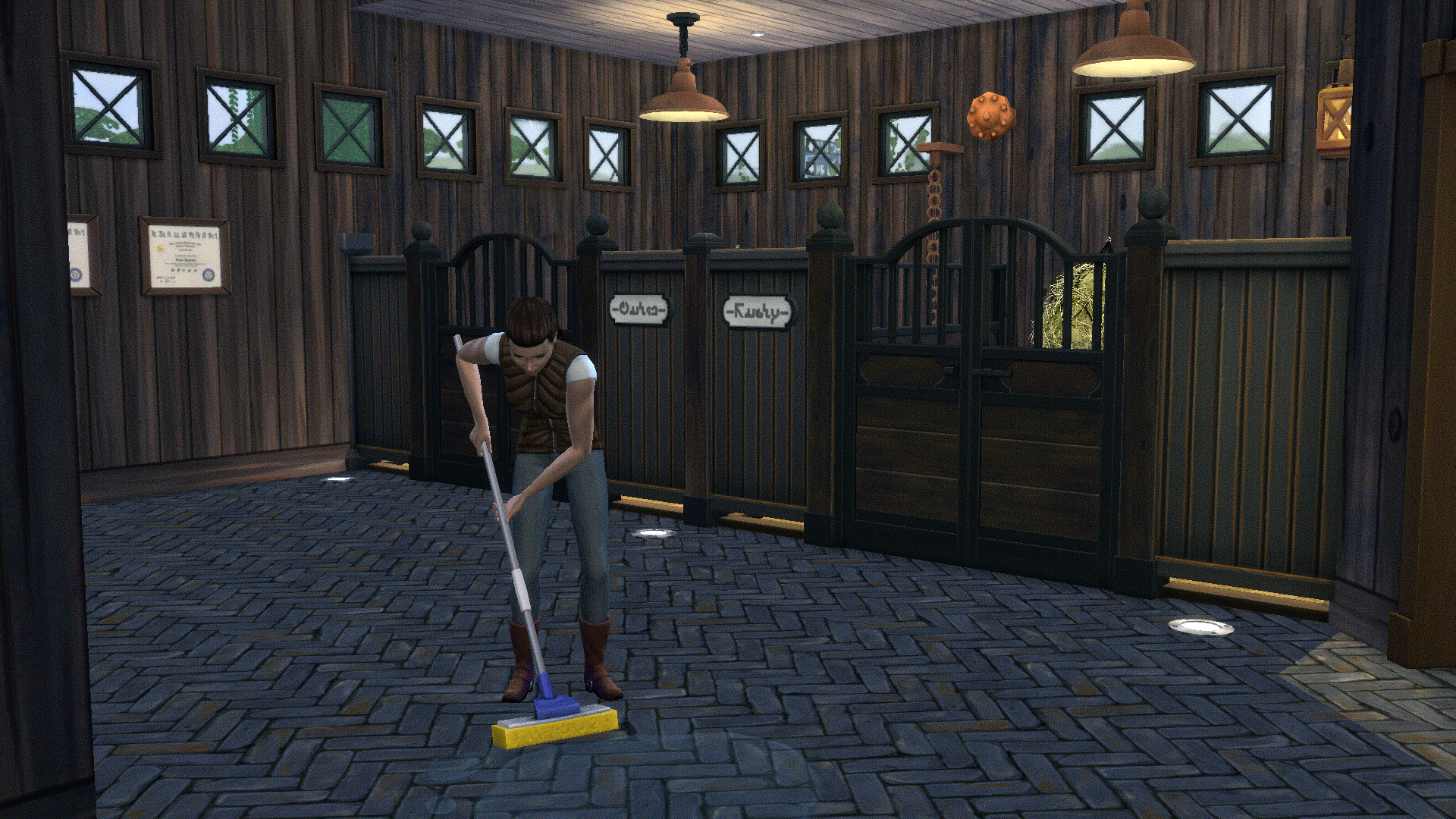 Stalls and a woman mopping