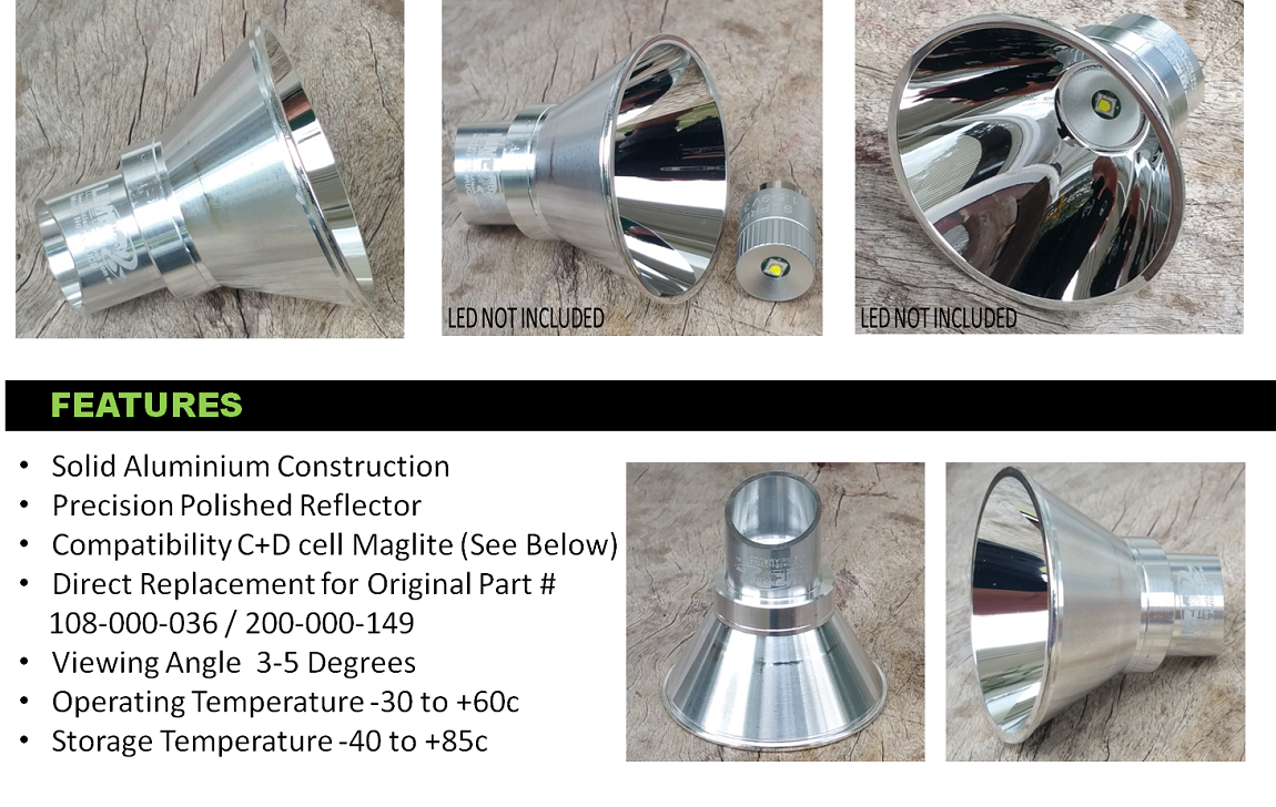 MAGLITE UPGRADE PARABOLIC REFLECTOR FLASHLIGHT TORCH C & D SIZE