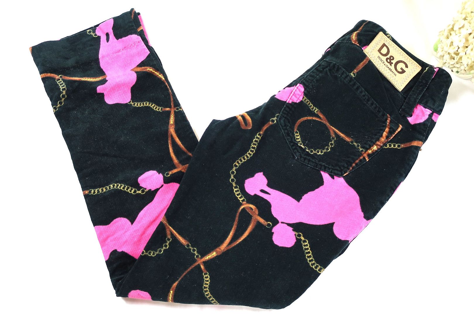 Vintage DOLCE & GABBANA Black Pink Poodle Velvet Pants Jeans
