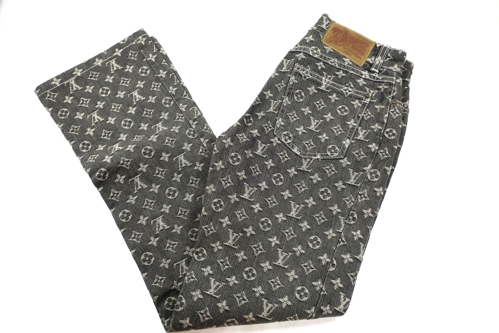 VNTG LOUIS VUITTON Grey Cotton LV Logo Denim Jeans Trouser