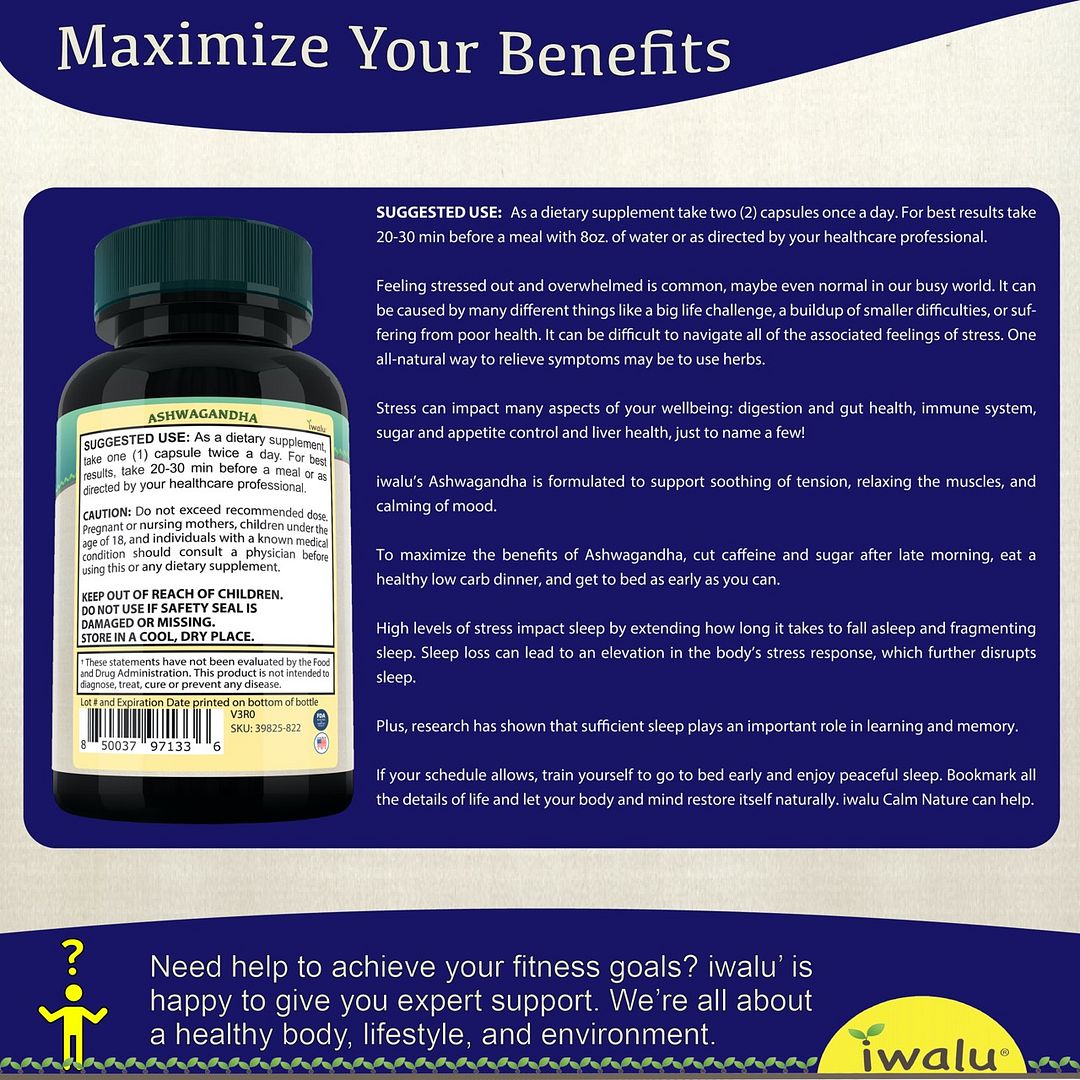 Relájate, píldoras para el alivio de piernas inquietas por iwalu ashwagandha orgánica "Ginseng Indio" tratamiento natural para RLS, piernas inquietas, calma la irritabilidad, ansiedad, suplementos de alivio del estrés