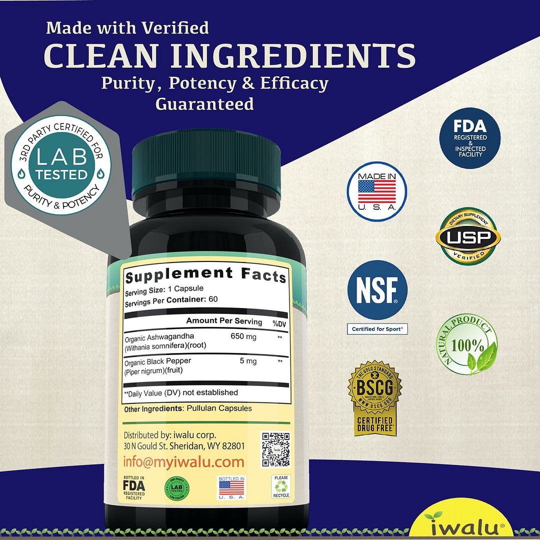 ashwagandha orgánica "Ginseng Indio" tratamiento natural para RLS, piernas inquietas, calma la irritabilidad, ansiedad, suplementos de alivio del estrés de iwalu