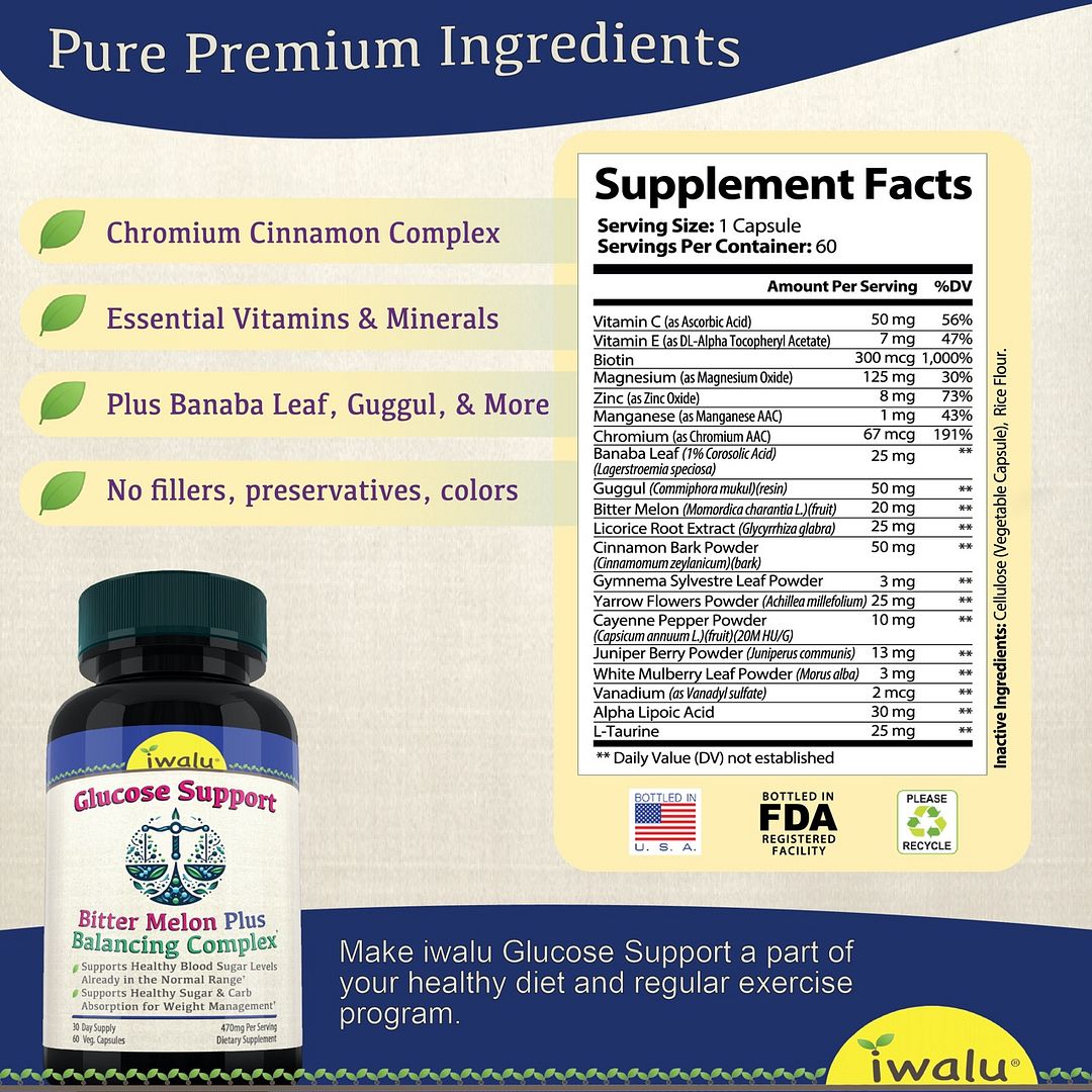 All natural organic blood sugar glucose manager support with Banaba Guggul Bitter Melon Cinnamon Gymnema ALA Yarrow Extracts L-Taurine Alpha Lipoic Acid Mulberry Juniper Biotin Chromium