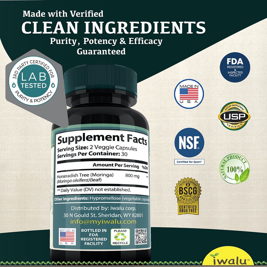 USA made best moringa oleifera capsules pure leaf powder pills natural super greens supplement for women and men seniors teens children kids