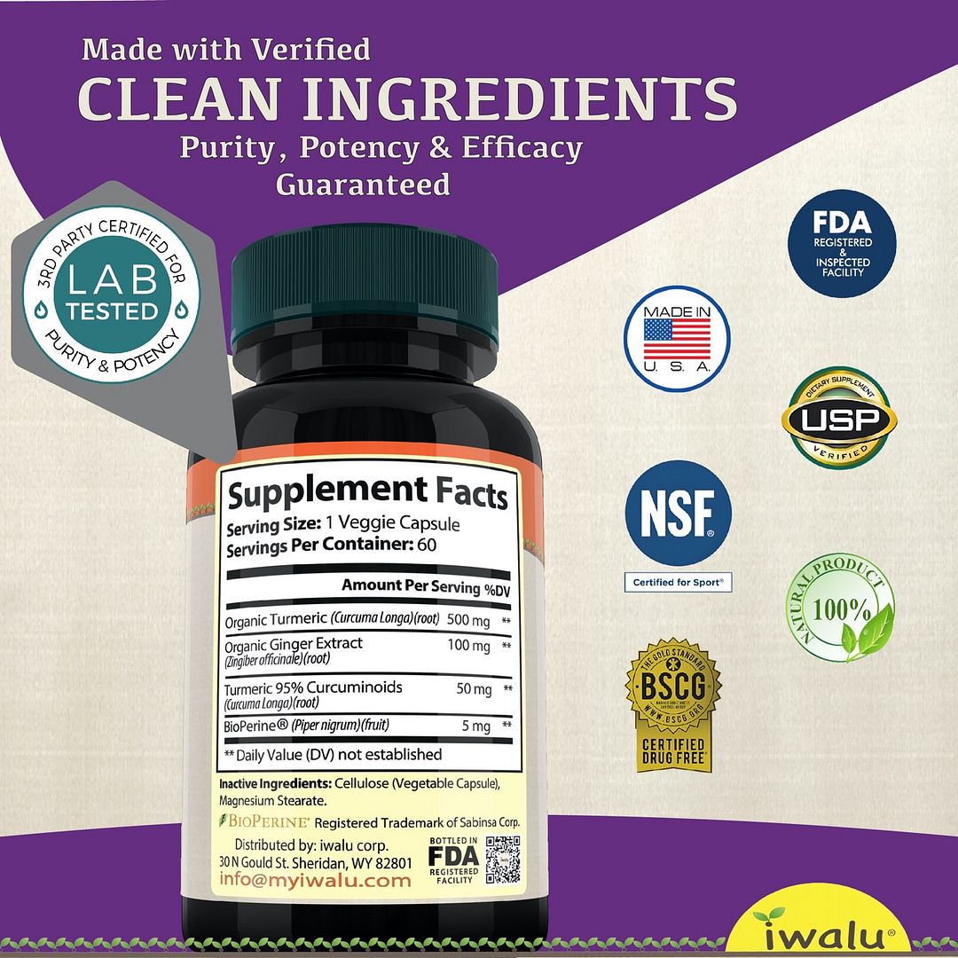 USA made Glucosamine Chondroitin Joint Support Supplement - Tumeric 95% Curcuminoids, Quercetin with Bromelain, Ginger, Boswellia Extract, MSM, BioPerine Black Pepper, Healthy Inflammation IWALU 60 Capsules supplements by iwalu