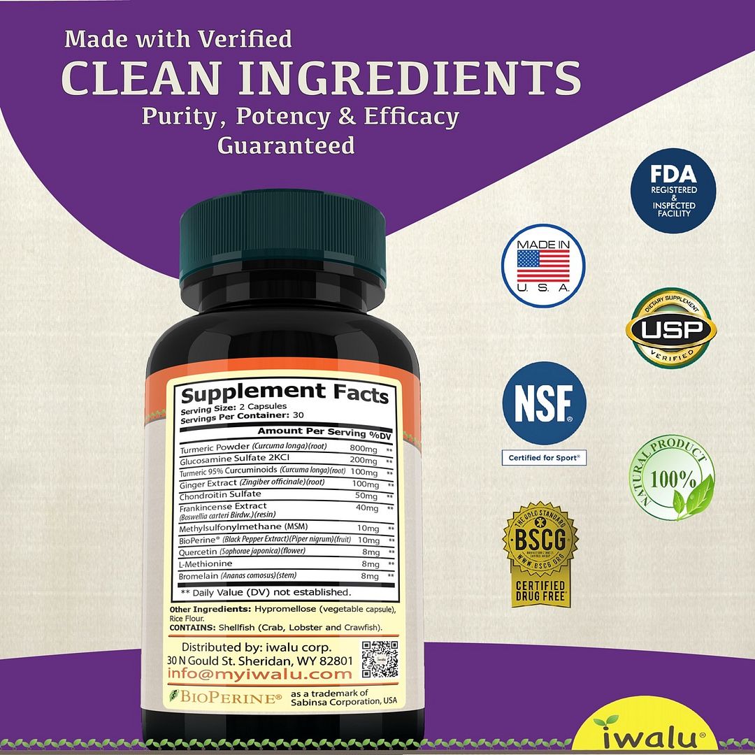 USA made Glucosamine Chondroitin Joint Support Supplement - Tumeric 95% Curcuminoids, Quercetin with Bromelain, Ginger, Boswellia Extract, MSM, BioPerine Black Pepper, Healthy Inflammation IWALU 60 Capsules supplements by iwalu