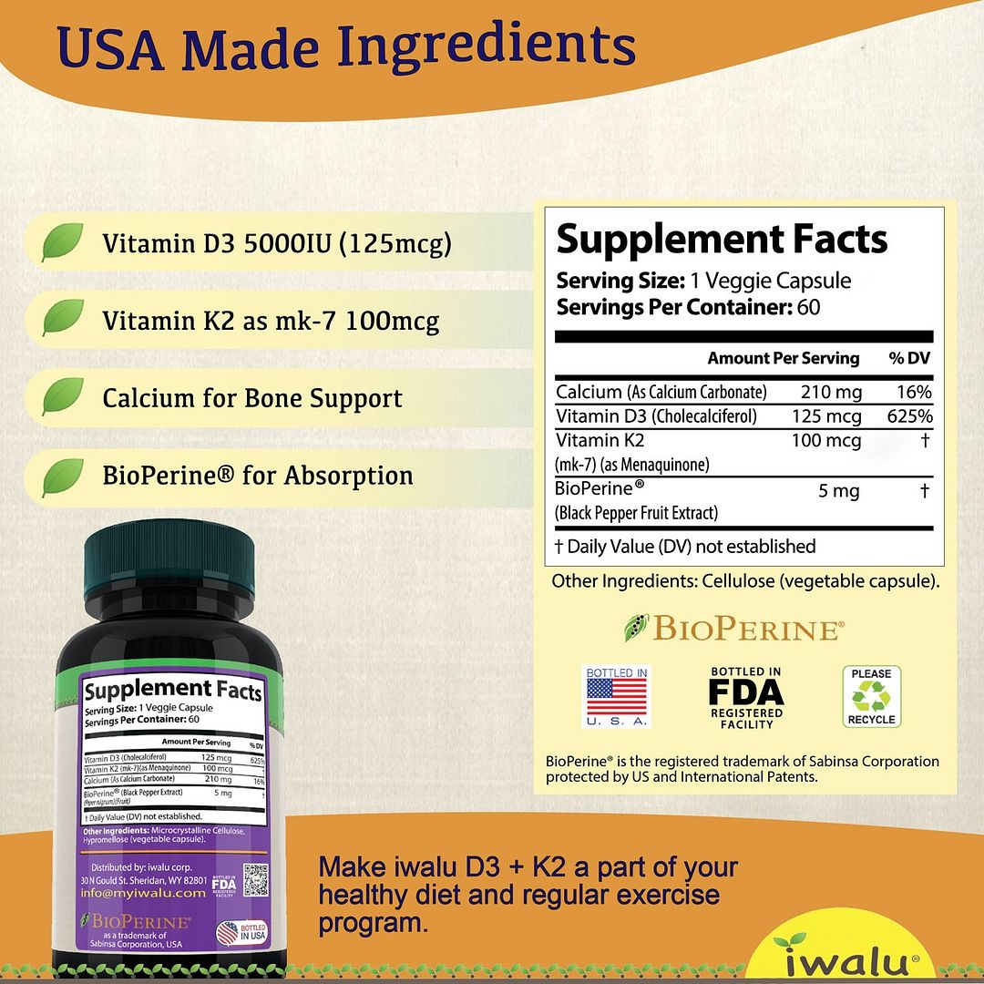 Fórmulas de suplementos orgánicos naturales Suplemento de Vitamina D3 K2 MK7 Promueve la Salud Cardíaca, Ósea e Inmunológica 5000 UI de vitamina D3 y 100 mcg de vitamina K2 MK-7