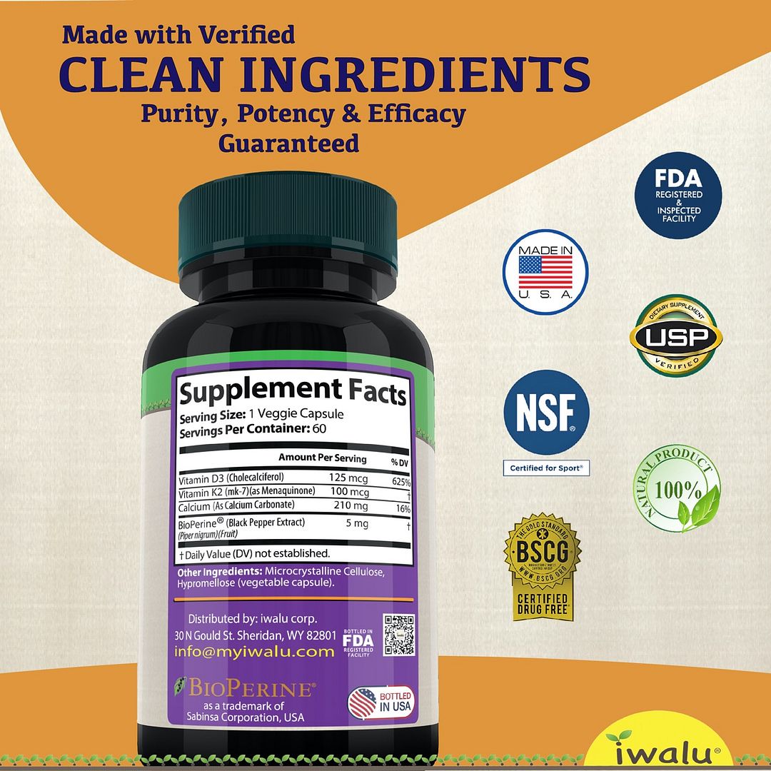 Suplemento de Vitamina D3 K2 MK7 Promueve la Salud Cardíaca, Ósea e Inmunológica 5000 UI de vitamina D3 y 100 mcg de vitamina K2 MK-7 suplementos hechos en EE. UU. por iwalu