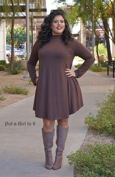 New PLUS SIZE Womens CHOCOLATE BROWN MOCK NECK SWING DRESS POCKETS 1X 2X 3X  | eBay