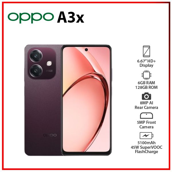 Unlocked) OPPO A3x 6GB+128GB RED Global Ver. Dual SIM Android Cell