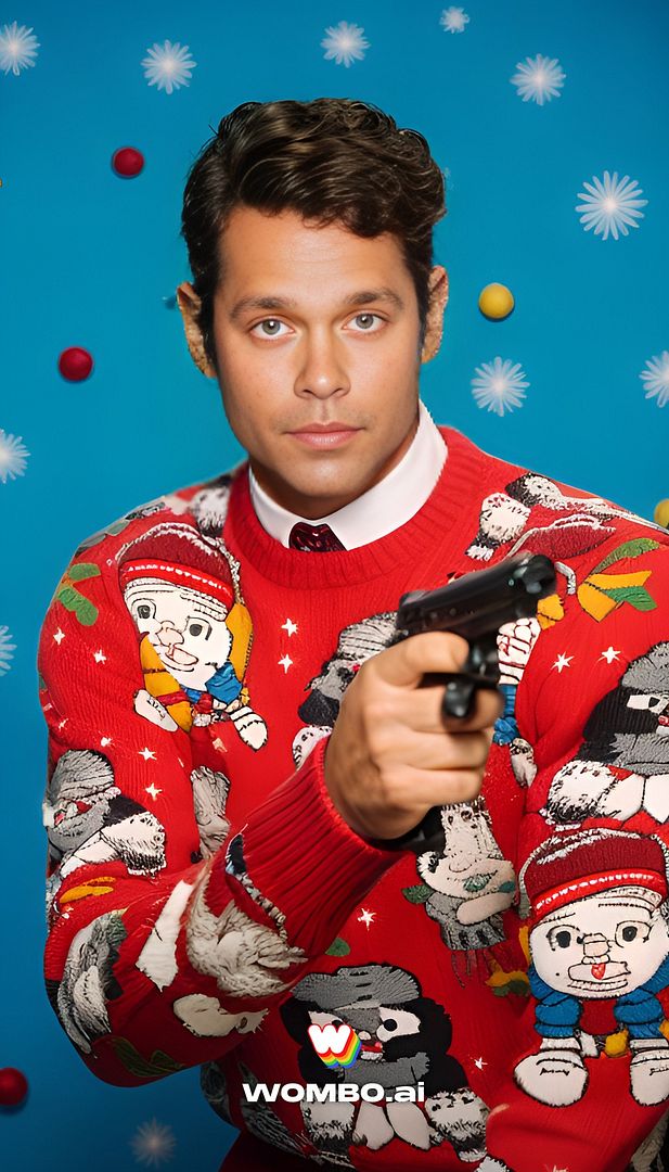 Wearing a Christmas jumper and holding a gun in a James-Bond pose
