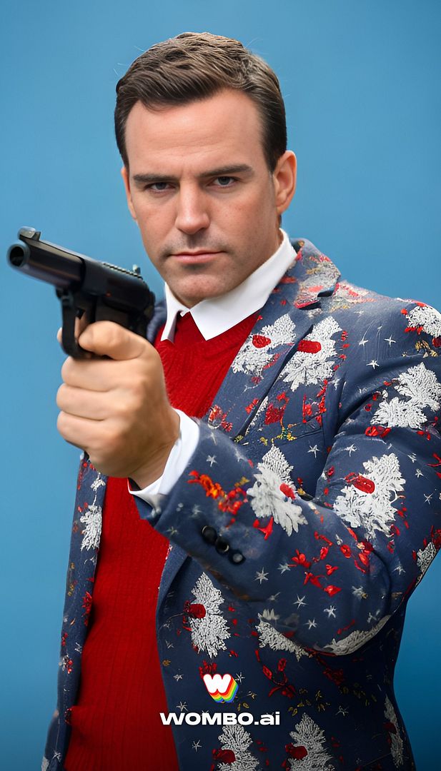 Jim doing a James Bond pose with a gun, in a Christmas suit