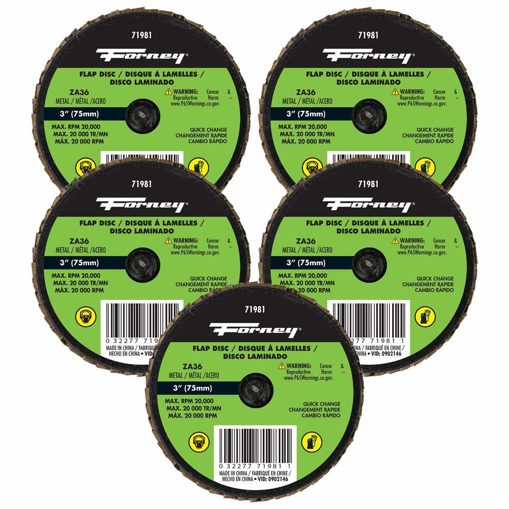 QUICK CHANGE FLAP DISC, 36 GRIT, 3 IN (5-PACK OF FORNEY 71981)