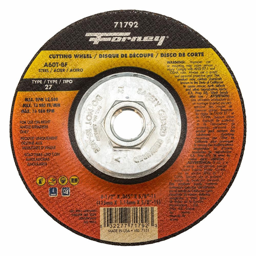 Cut-Off Wheel, Metal Type 27, 4-1/2" x .045" x 5/8"-11