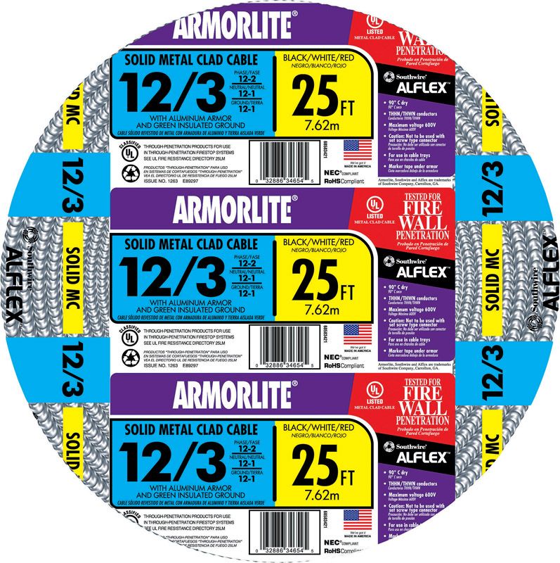 Southwire Armorlite 25 ft. 12/3 Solid Aluminum Armored MC Cable