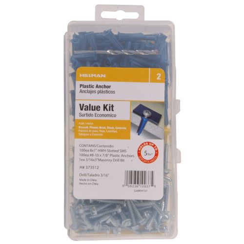 BLUE CONICAL PLASTIC ANCHORS W/ HEX WASHER SLOTTED SCREWS KIT (#8-10 X 7/8") - 201 PC