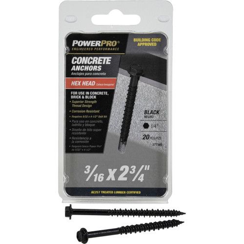 Power Pro Black Hex Washer-Head Concrete Screw Anchors (3/16" x 2-3/4") - XL-Pak
